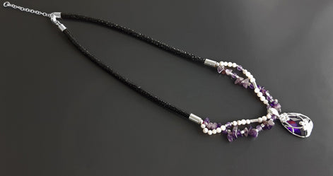 Amethyst Necklace, Sterling Silver, Genuine Raw Amethyst Stones, Shell Pearls Strands, Purple Cz Stone Flower Pendant, Mother's Day Gift