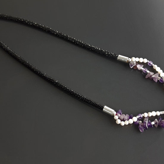 Amethyst Necklace, Sterling Silver, Genuine Raw Amethyst Stones, Shell Pearls Strands, Purple Cz Stone Flower Pendant, Mother's Day Gift