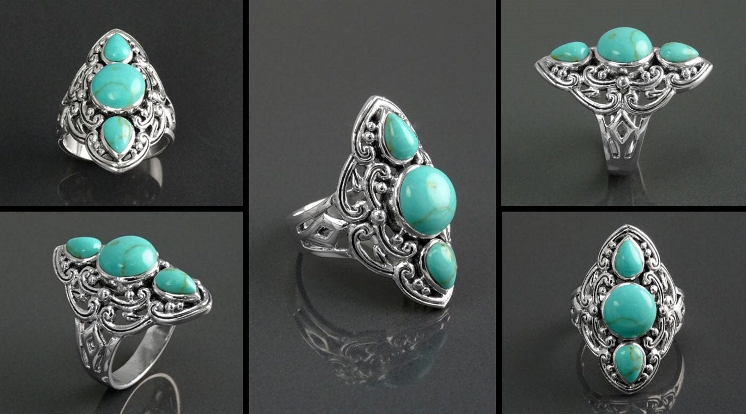 Sterling Silver Triple Turquoise Stone Ring, Ethnic Boho Chic Statement Jewelry