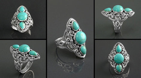 Sterling Silver Triple Turquoise Stone Ring, Ethnic Boho Chic Statement Jewelry