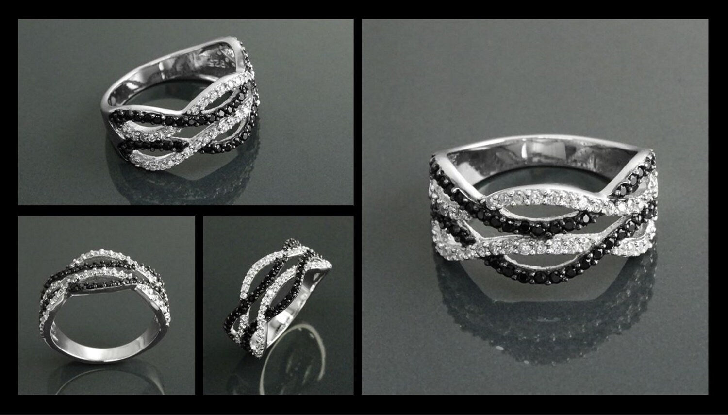 Sterling Silver Intertwined Waves Ring, Black White CZ Stones, Cocktail Ring