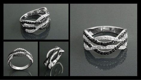 Sterling Silver Intertwined Waves Ring, Black White CZ Stones, Cocktail Ring