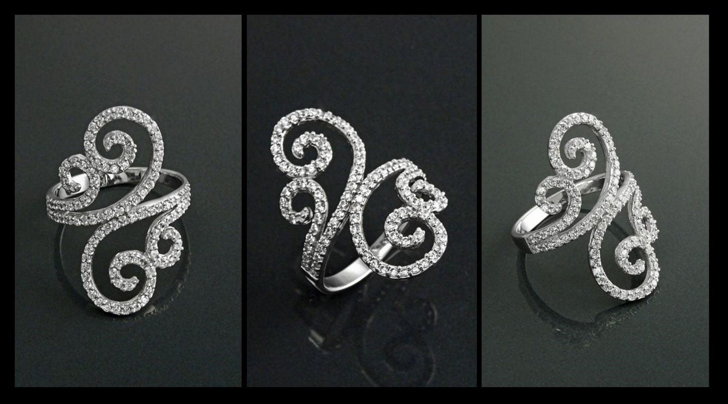 925 Art Deco Sterling Silver Spirals Ring, Bypass CZ Stones, XS Size Ring