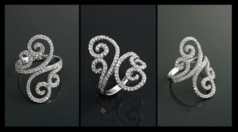 925 Art Deco Sterling Silver Spirals Ring, Bypass CZ Stones, XS Size Ring