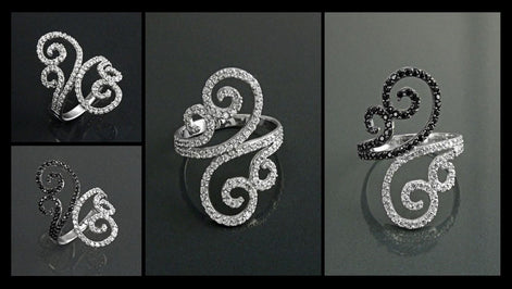 Art Deco Sterling Silver Spirals Ring, Black White CZ Spirals Cocktail Statement Jewelry