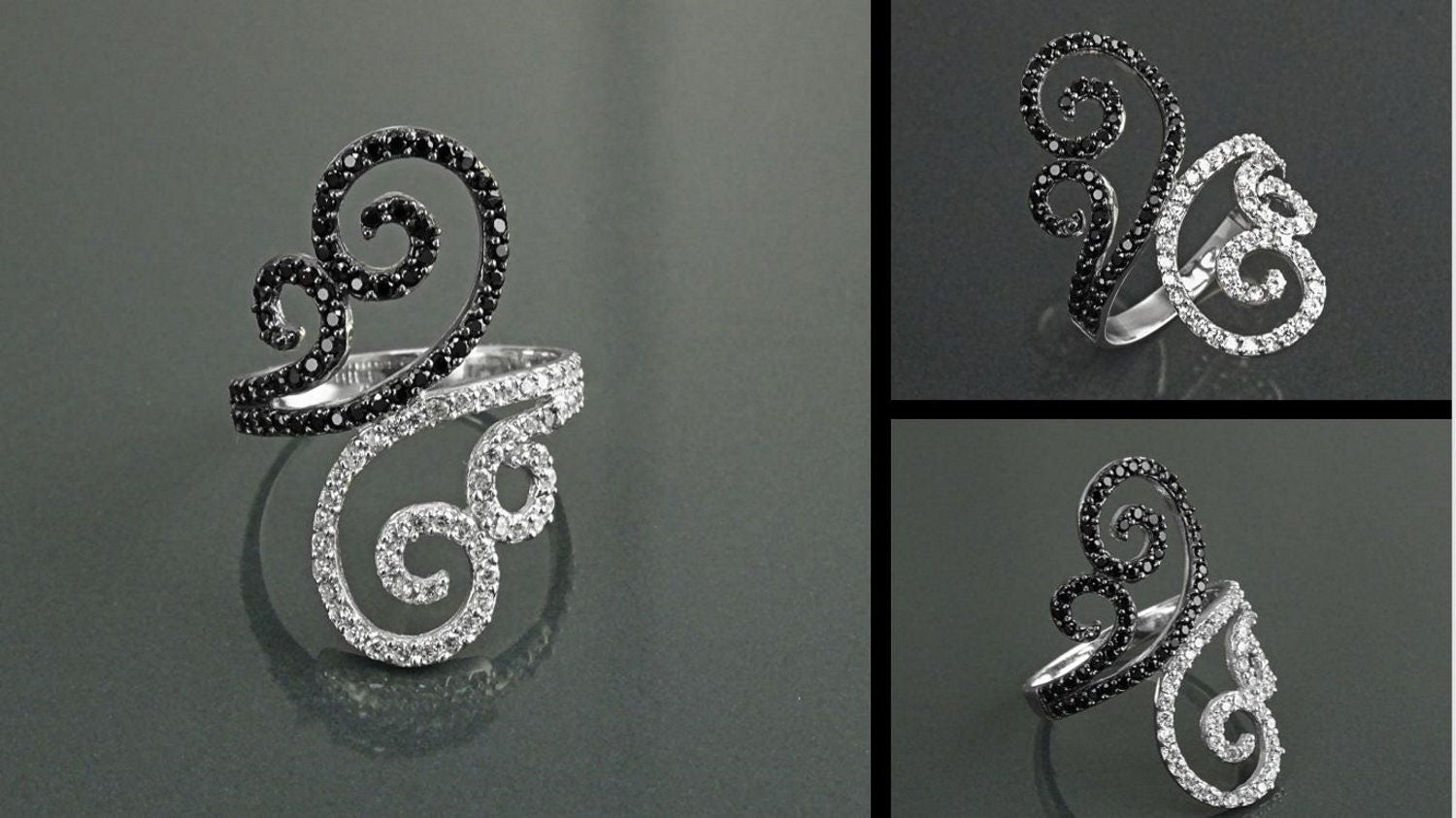 Art Deco Sterling Silver Spirals Ring, Black White CZ Spirals Cocktail Statement Jewelry