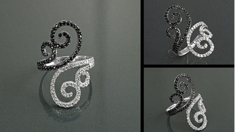 Art Deco Sterling Silver Spirals Ring, Black White CZ Spirals Cocktail Statement Jewelry