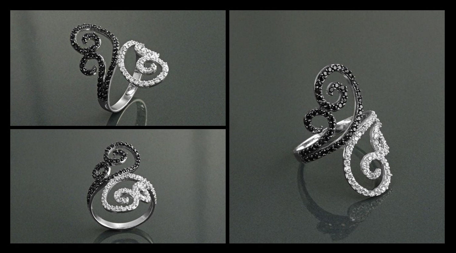 Art Deco Sterling Silver Spirals Ring, Black White CZ Spirals Cocktail Statement Jewelry