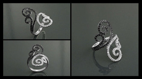 Art Deco Sterling Silver Spirals Ring, Black White CZ Spirals Cocktail Statement Jewelry