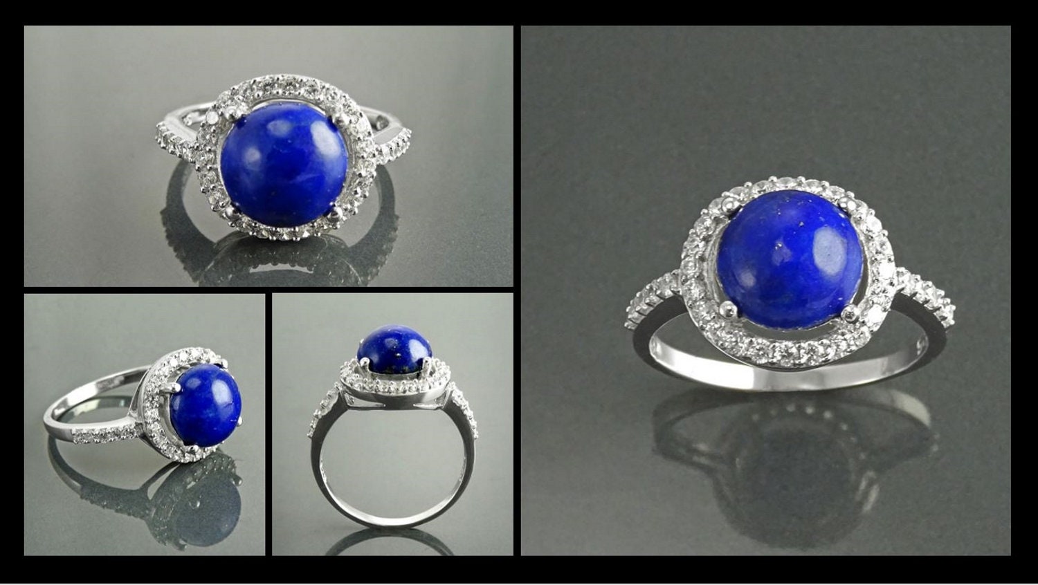 Blue Stone Ring 925 Sterling Silver, Lapis Lazuli Halo Ring, CZ Stones Broder, Natural Gemstone Jewelry