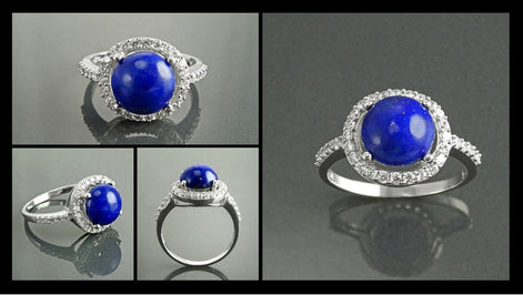 Blue Stone Ring 925 Sterling Silver, Lapis Lazuli Halo Ring, CZ Stones Broder, Natural Gemstone Jewelry