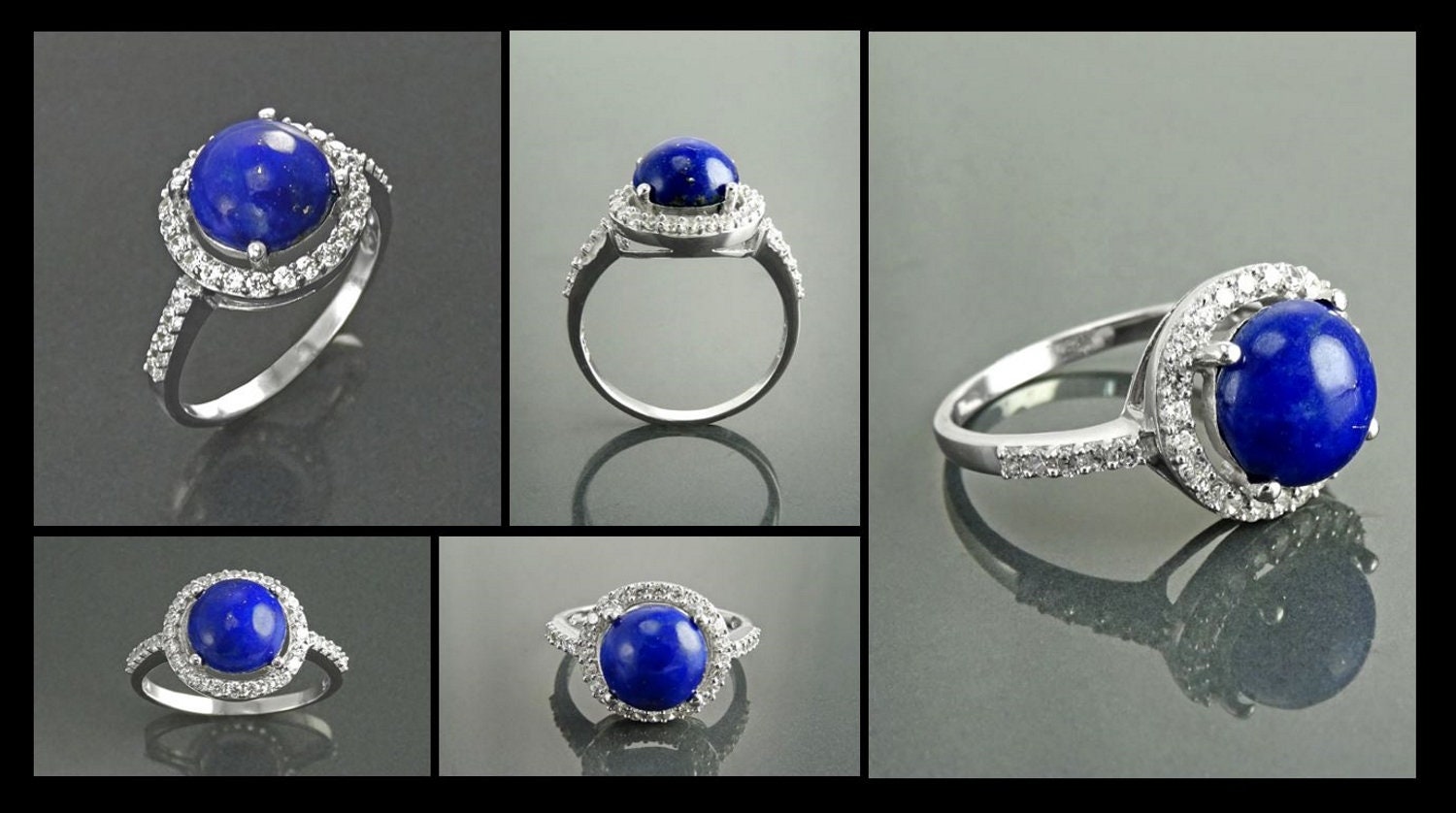 Blue Stone Ring 925 Sterling Silver, Lapis Lazuli Halo Ring, CZ Stones Broder, Natural Gemstone Jewelry