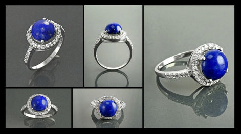 Blue Stone Ring 925 Sterling Silver, Lapis Lazuli Halo Ring, CZ Stones Broder, Natural Gemstone Jewelry
