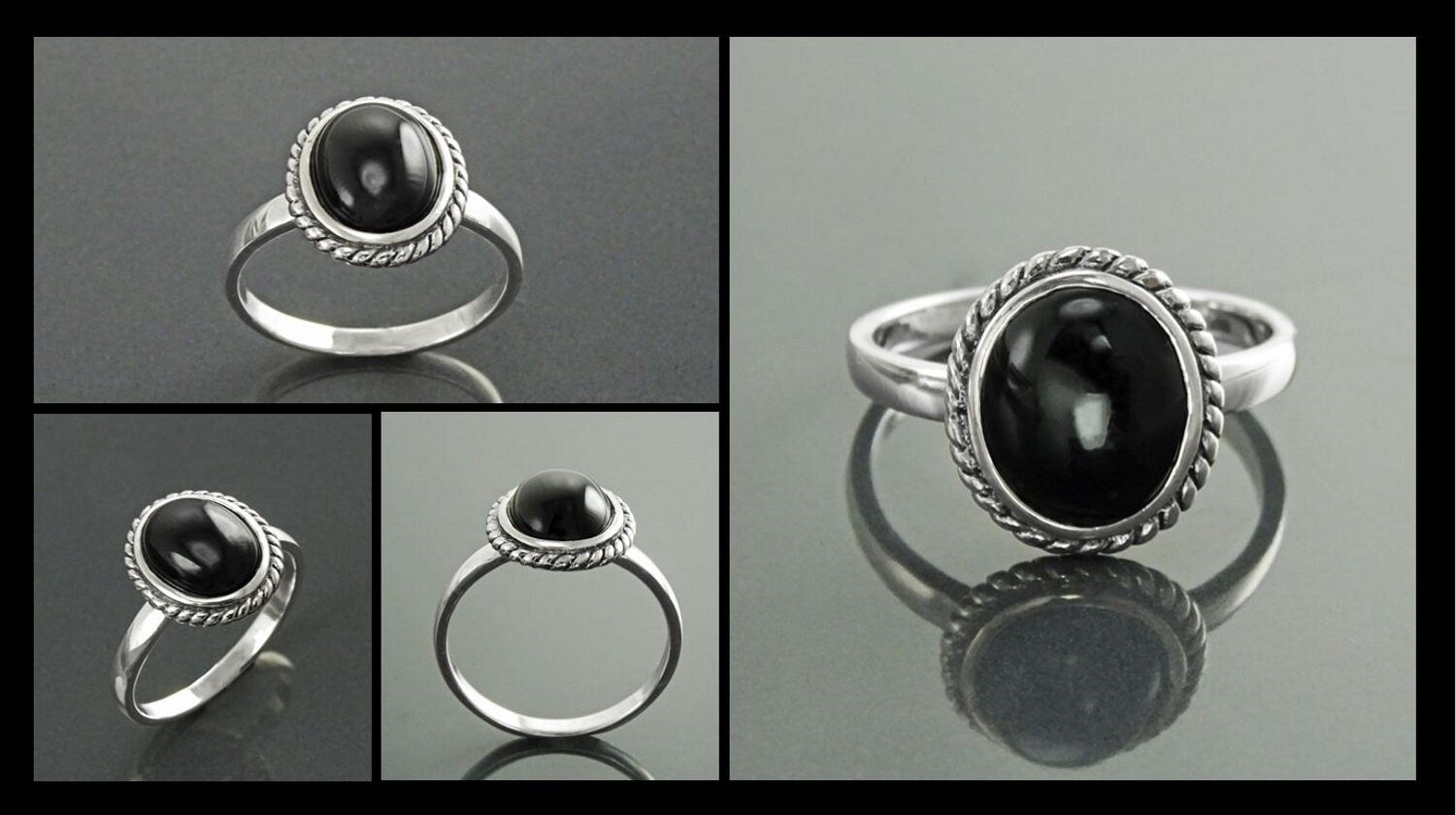 Round Black Antique Ring, Sterling Silver, Natural Onyx Gemstone, Rope Ring, Boho Hipster Ring, Round Stone Ring, Midi Ring, Vintage Ring