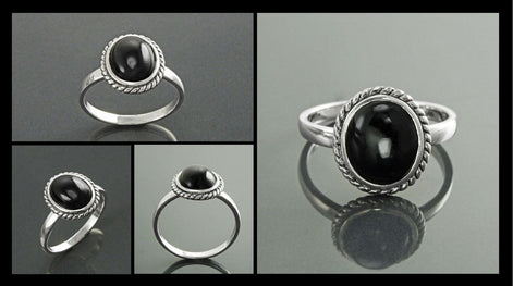 Round Black Antique Ring, Sterling Silver, Natural Onyx Gemstone, Rope Ring, Boho Hipster Ring, Round Stone Ring, Midi Ring, Vintage Ring