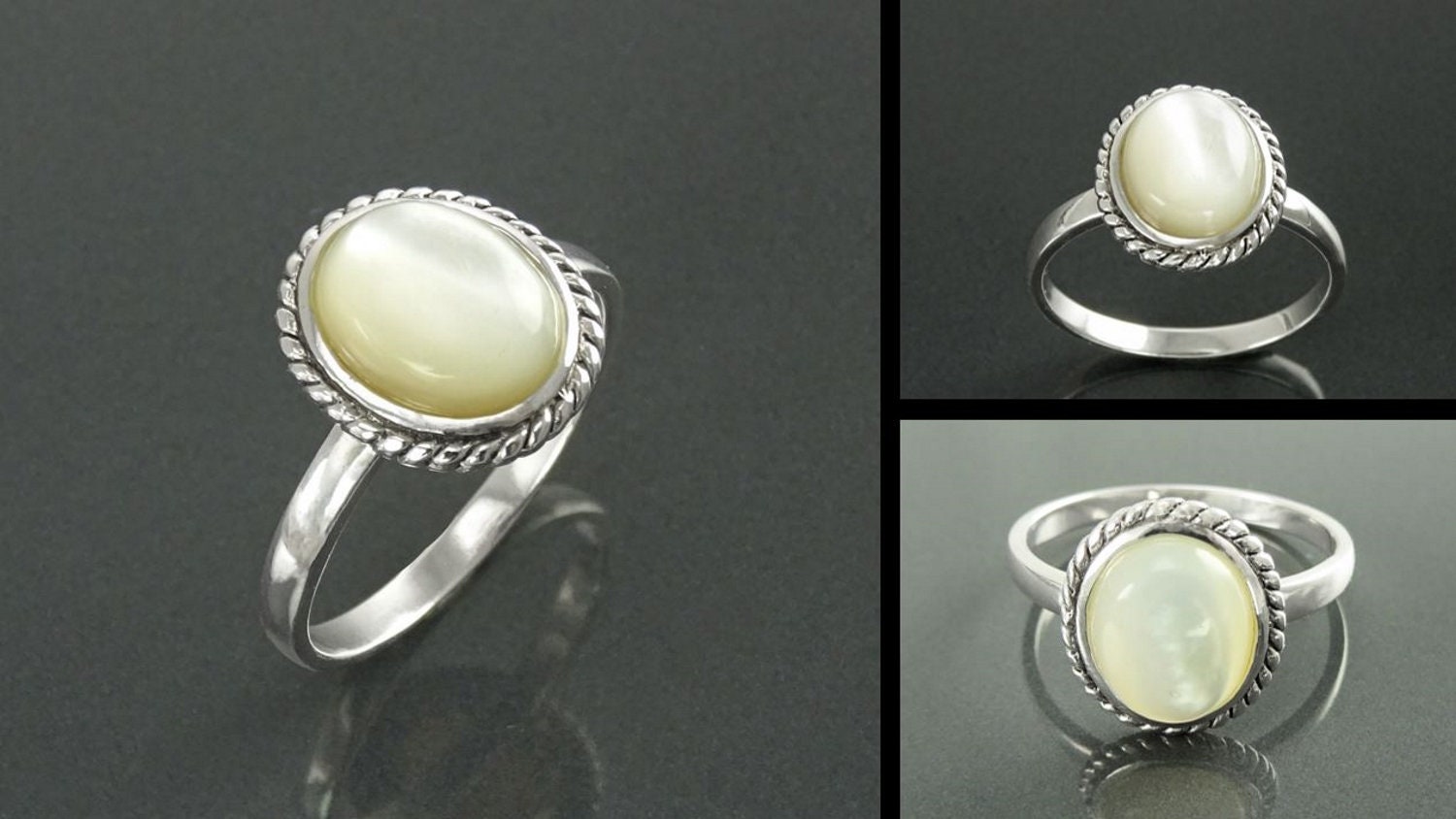 Une bague en argent avec une pierre ovale de nacre blanche sertie dans une bordure de style antique. Un bijou artisanal durable, fait main localement avec matières noble. KRAMIKE, une boutique de qualité (milliers d'avis positifs).
