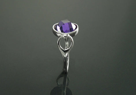 Purple Ring, Sterling Silver, Amethyst Color Round Stone (CZ), Unique Faceted Round Stone, Original Solitaire Violet Stone Jewelry
