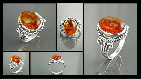Oval Amber Gemstone Ring, Sterling Silver Rope Shank, Boho Unisex Jewelry By KRAMIKE