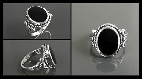Hipster Onyx Ring, Sterling Silver, GENUINE Onyx Gemstone Jewelry, Boho Unisex Ring, Flat Oval Black Stone Ring,Intricate Antique Rope Shank