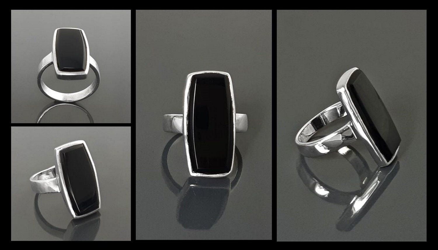 Black onyx ring, sterling silver set with a rectangle onyx stone in a unique modern design