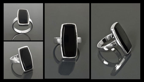 Black onyx ring, sterling silver set with a rectangle onyx stone in a unique modern design