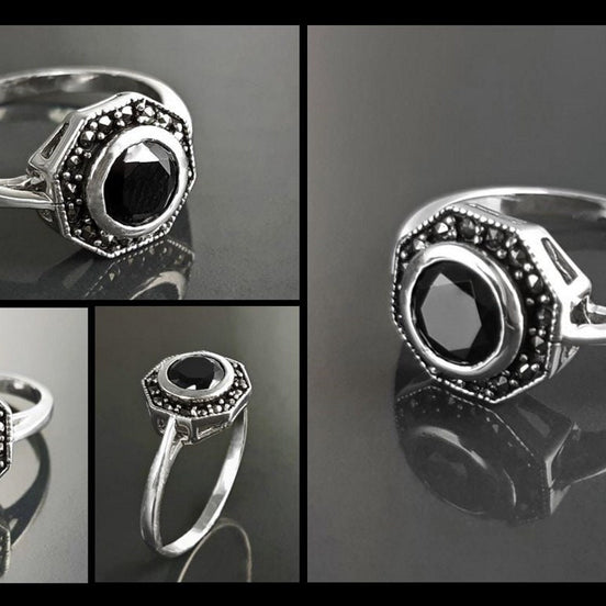 Octagonal Sterling Silver Marcasite Ring, Vintage Black CZ Stone Jewelry