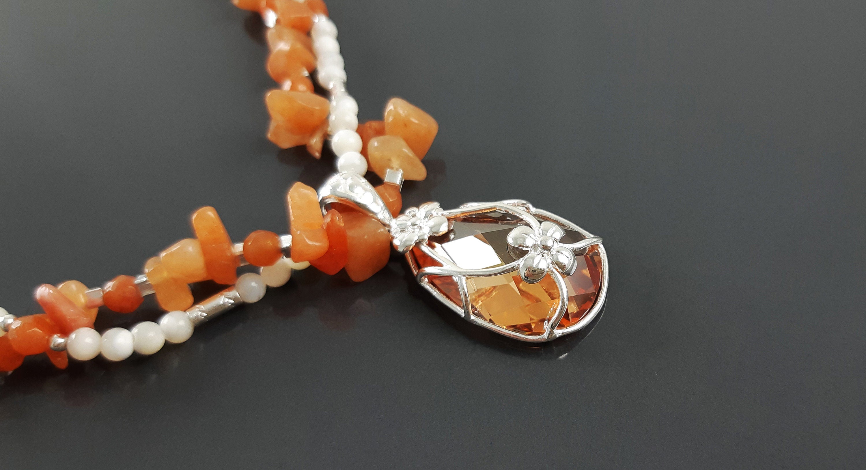 Orange Stone Color Necklace, Sterling Silver, NATURAL Agate Stones, Pearls Strands, Lab Orange Stone Cz, Flower Pendant, Stingray Collar