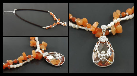 Orange Stone Color Necklace, Sterling Silver, NATURAL Agate Stones, Pearls Strands, Lab Orange Stone Cz, Flower Pendant, Stingray Collar