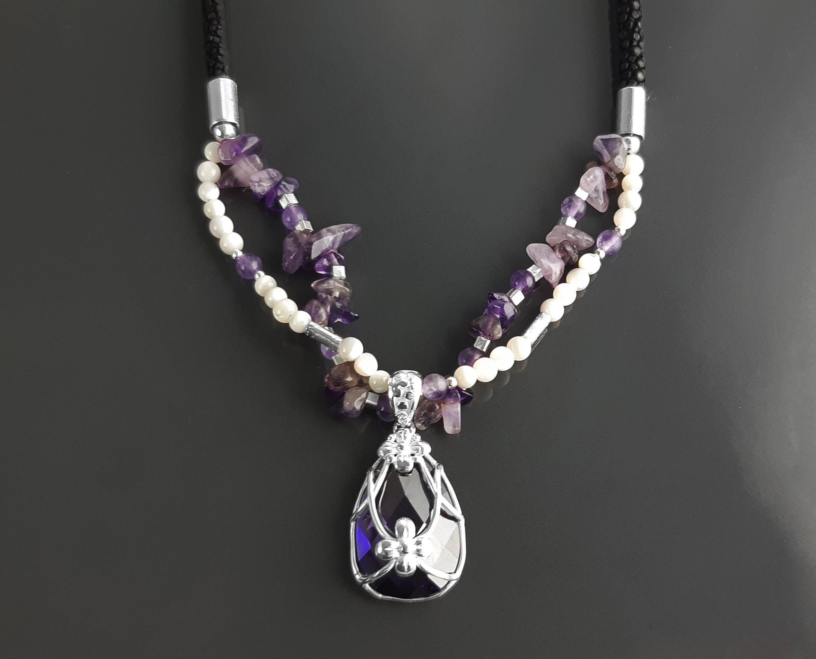 Amethyst Necklace, Sterling Silver, Genuine Raw Amethyst Stones, Shell Pearls Strands, Purple Cz Stone Flower Pendant, Mother's Day Gift