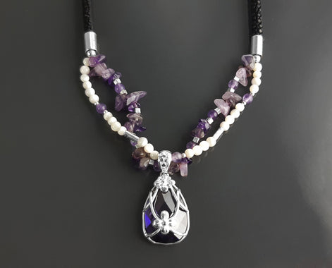 Amethyst Necklace, Sterling Silver, Genuine Raw Amethyst Stones, Shell Pearls Strands, Purple Cz Stone Flower Pendant, Mother's Day Gift