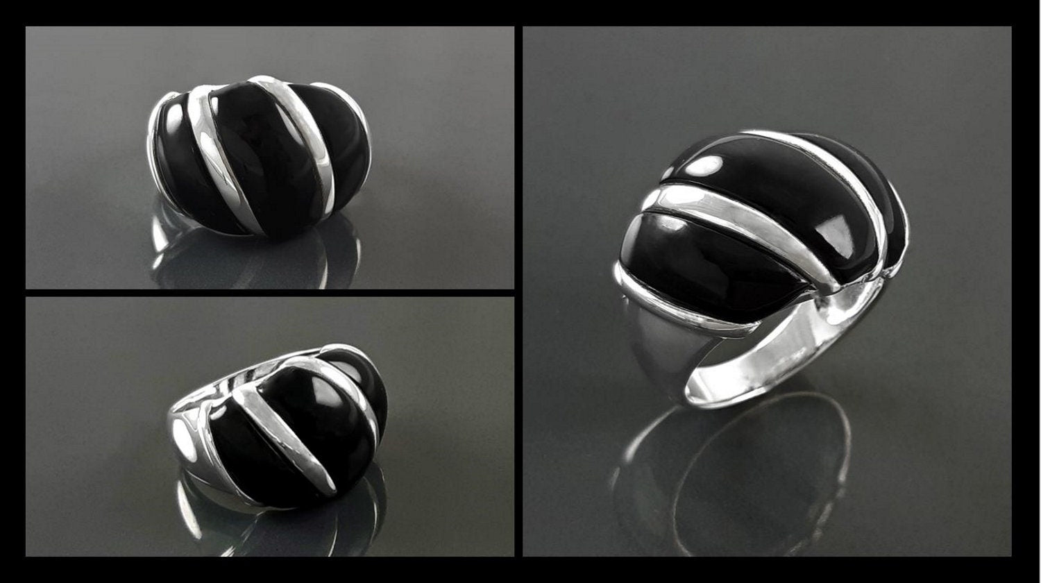 Onyx Domed Ring, Sterling Silver, Women Beautiful Dome Ring, Black Stone Band Ring, Three Bands Wide Ring, Fashion Vintage Ring