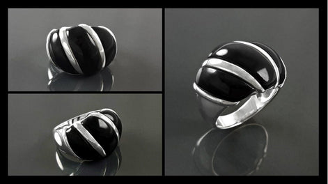 Onyx Domed Ring, Sterling Silver, Women Beautiful Dome Ring, Black Stone Band Ring, Three Bands Wide Ring, Fashion Vintage Ring