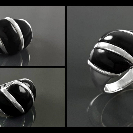 Onyx Domed Ring, Sterling Silver, Women Beautiful Dome Ring, Black Stone Band Ring, Three Bands Wide Ring, Fashion Vintage Ring