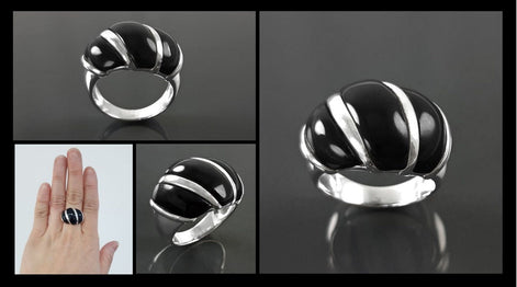 Onyx Domed Ring, Sterling Silver, Women Beautiful Dome Ring, Black Stone Band Ring, Three Bands Wide Ring, Fashion Vintage Ring