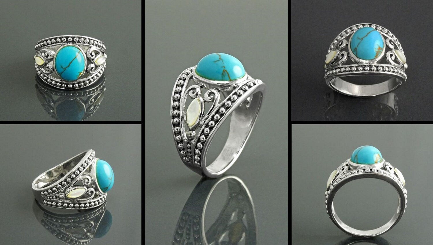 Une bague en argent 925 avec une pierre turquoise sertie dans un motif de filigrane bohème vintage. La bague est ornée de petites nacres blanches de chaque côté.
