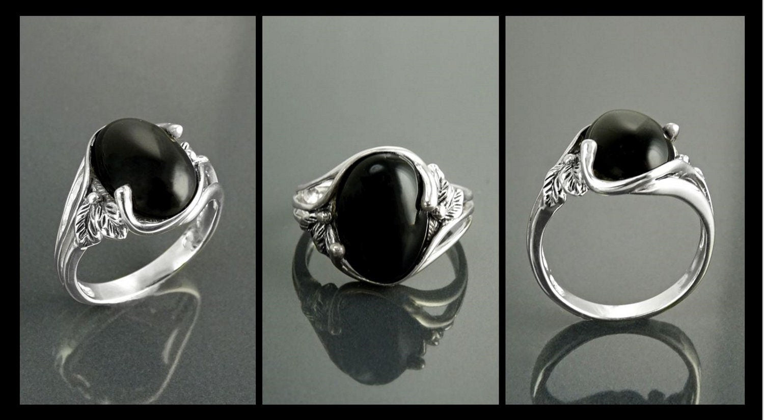 Sterling Silver Onyx Leaf Ring, Boho Antique Rope Shank Band, Oval Black Gemstone