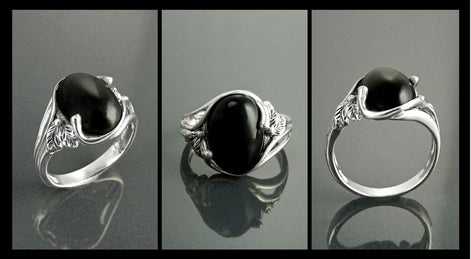 Sterling Silver Onyx Leaf Ring, Boho Antique Rope Shank Band, Oval Black Gemstone