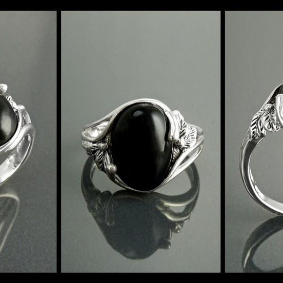 Sterling Silver Onyx Leaf Ring, Boho Antique Rope Shank Band, Oval Black Gemstone