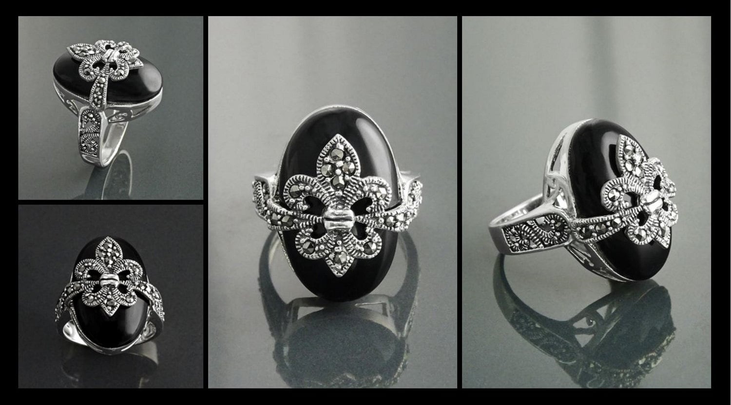 Fleur de Lys Ring, Silver 925, Marcasite Ring, Real Black Onyx, French Vintage Jewelry, Lis Petals Symbol of Purity, Innocence and Virginity