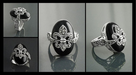 Fleur de Lys Ring, Silver 925, Marcasite Ring, Real Black Onyx, French Vintage Jewelry, Lis Petals Symbol of Purity, Innocence and Virginity
