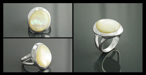 Sterling Silver Ring, White Mother of Pearl, Modern Designer Minimalist Jewelry