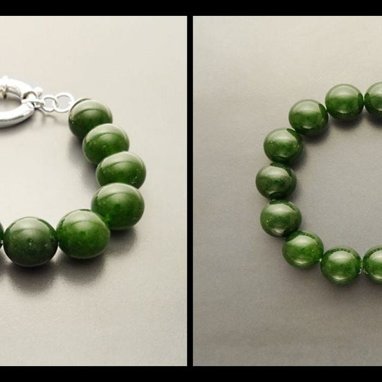 Big Green Agate Ball Bracelet, Sterling Silver Spring Clasp, Genuine Green Agate Stones Balls Beads, Gemstone Beaded 10mm Diameter Green
