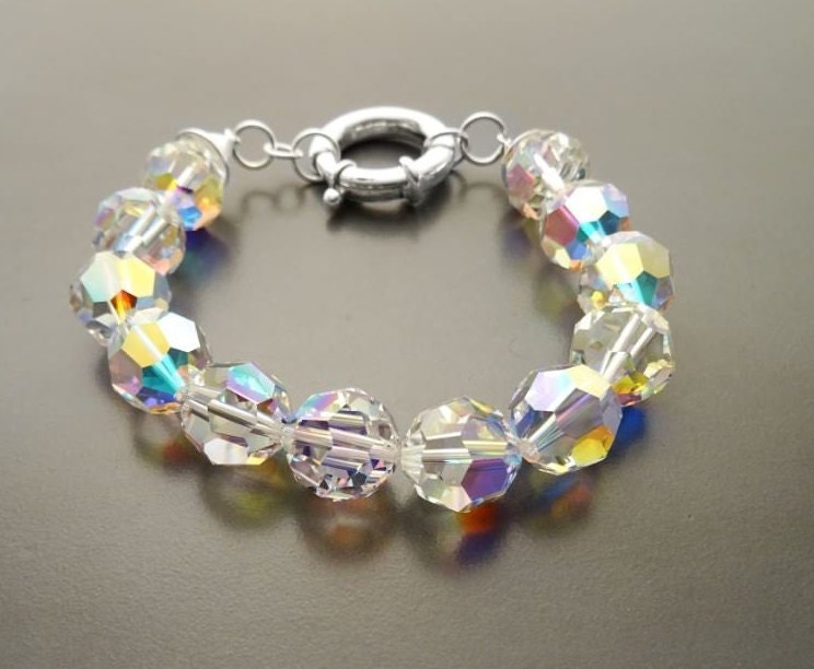 Crystal Bracelet, Rainbow Borealis Reflections Crystal Beaded Bracelet, 10mm Stone Beads balls Jewelry, Sterling Silver Spring Ring Clasp