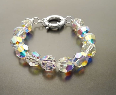 Crystal Bracelet, Rainbow Borealis Reflections Crystal Beaded Bracelet, 10mm Stone Beads balls Jewelry, Sterling Silver Spring Ring Clasp