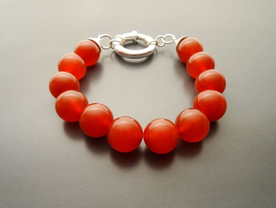 Red Stone Bracelet, Sterling Silver Clasp, Red Agate Stones, Beaded Ball Bracelet, 10 mm diameter balls, Women Round Bracelet.