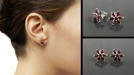Sterling Silver Red Flower Earrings Pendant Set, Garnet CZ, Floral Jewelry Gift for her