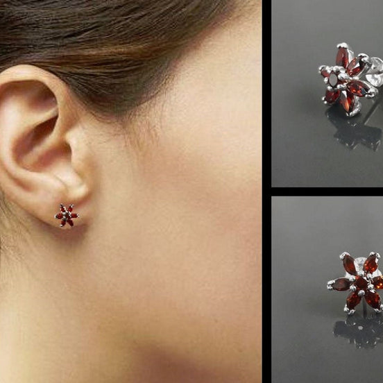 Sterling Silver Red Flower Earrings Pendant Set, Garnet CZ, Floral Jewelry Gift for her