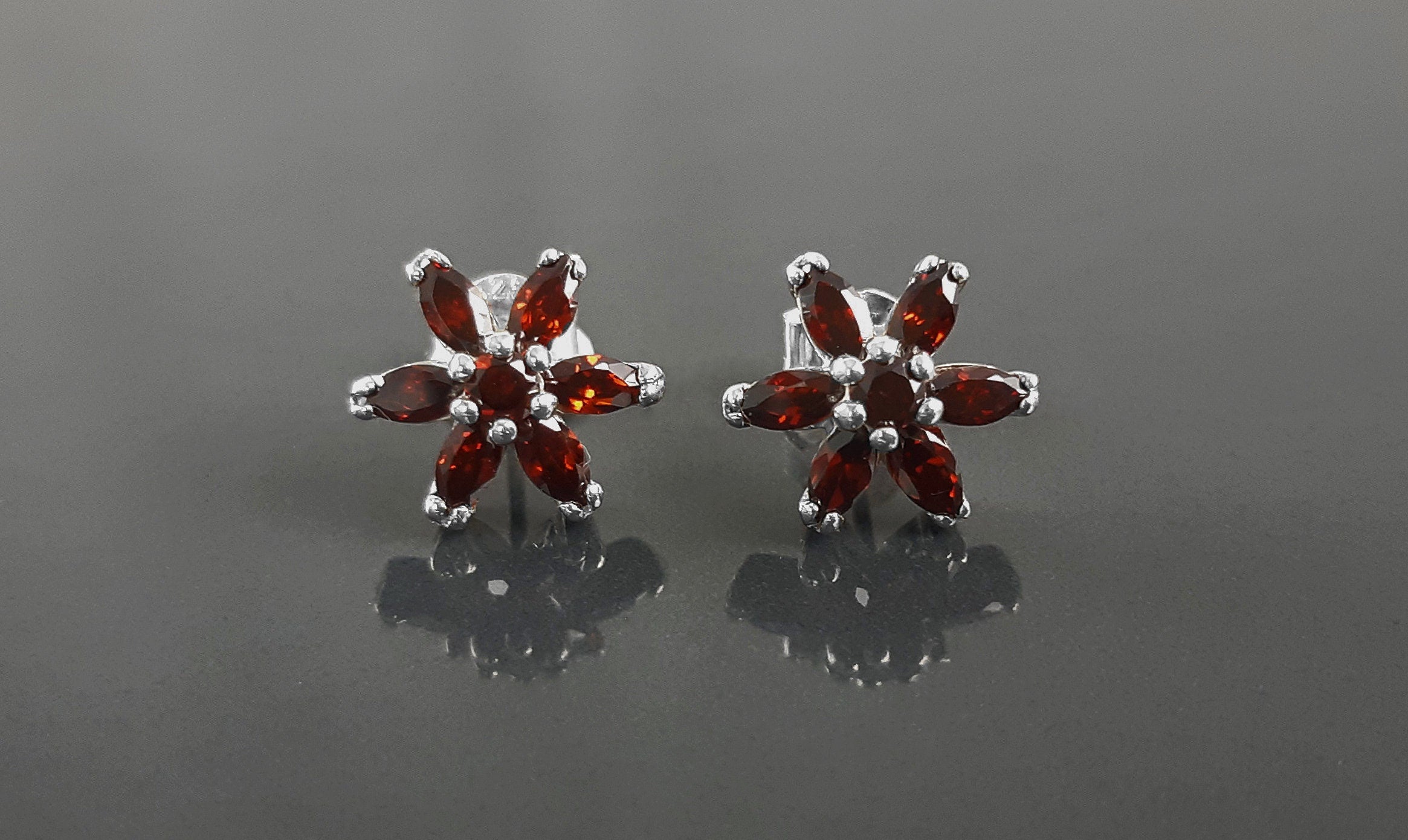 Red Flower Earrings, Sterling Silver Dainty Stud Earrings, Garnet Cubic Zircons, Tiny Floral jewelry, Gift for her