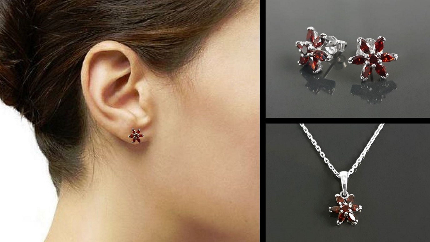Red Flower Earrings, Sterling Silver Dainty Stud Earrings, Garnet Cubic Zircons, Tiny Floral jewelry, Gift for her