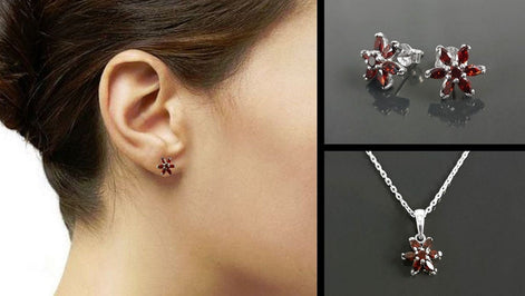 Red Flower Earrings, Sterling Silver Dainty Stud Earrings, Garnet Cubic Zircons, Tiny Floral jewelry, Gift for her